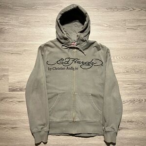 Vintage Don Ed Hardy designs Gray Zip-Up Hoodie crazy fade mens medium